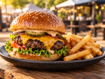 aussschnitt  Burger mit Pommes